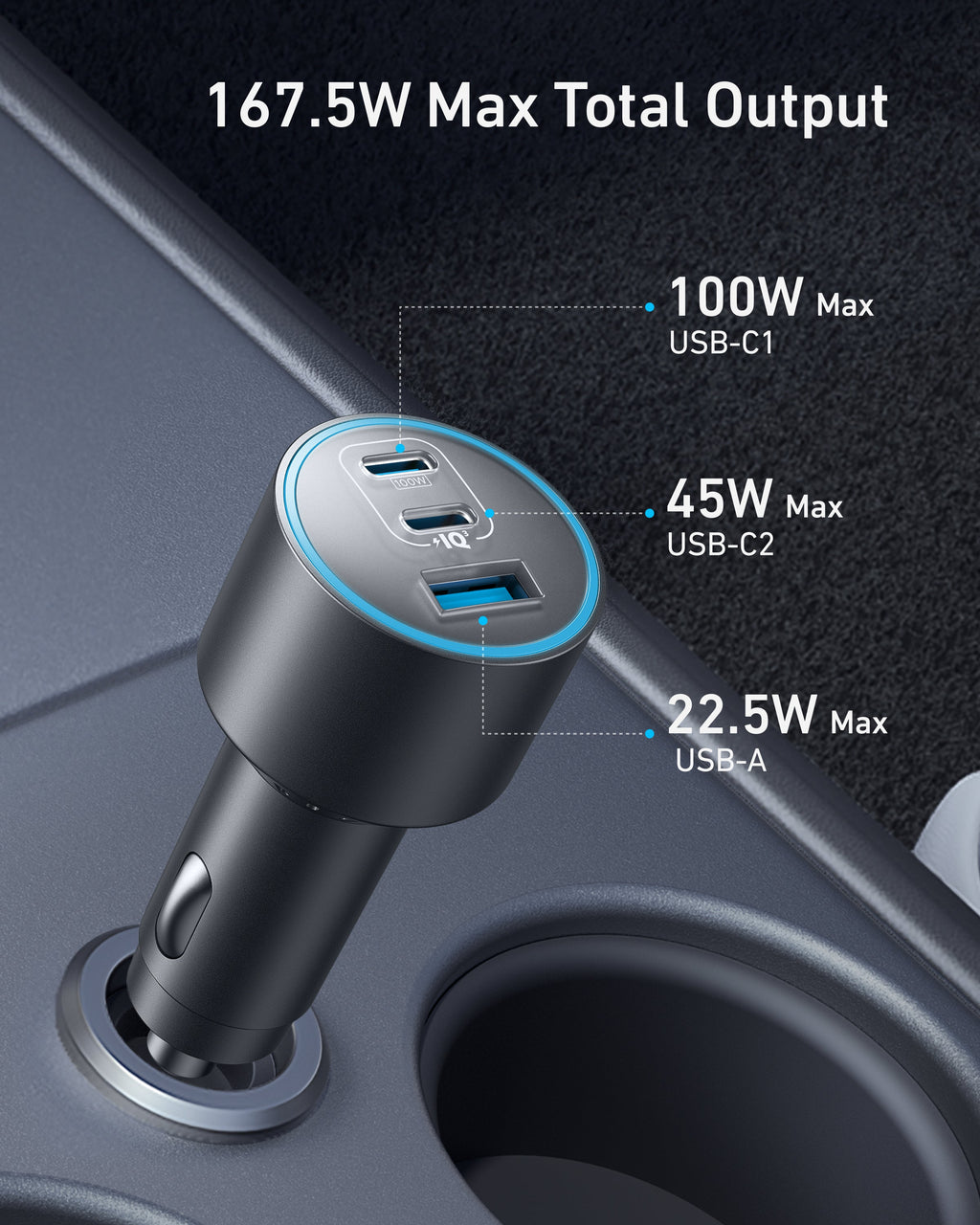 Anker Nano Car Charger 167.5W, 3-Port USB-C & USB-A Fast Charging Car Adapter
